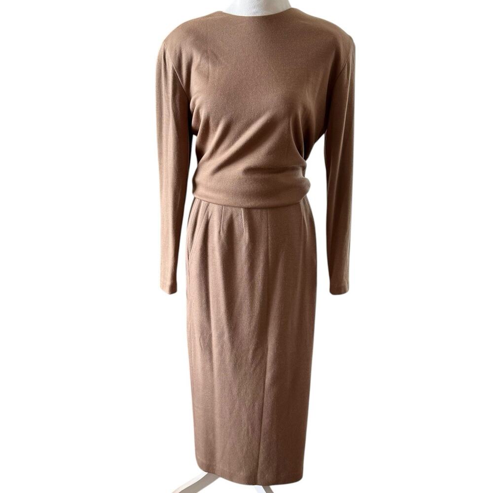 Vintage Anne Klein Wool Sweater Skirt Set Mocha Brown 6
